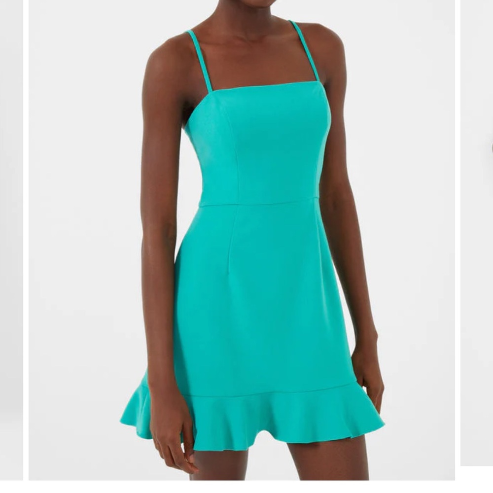 FRENCH CONNECTION
PEACOCK GREEN WHISPER FRILL HEM DRESS